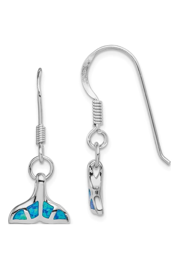 Sterling Silver Rhodium-plated Created Opal Dolphin Tail Dangle Earrings