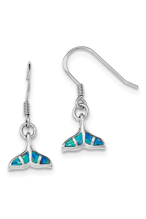 Sterling Silver Rhod Created Opal Dolphin Tail Dangle Earrings Sterling Silver Earrings