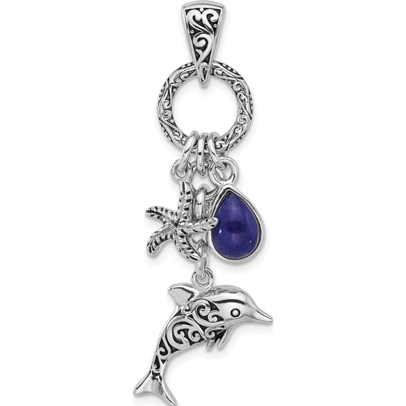 Sterling Silver Rhod/Oxidized Lapis Lazuli Dolphin/Starfish Pendant (Width 11.75) (Length 50.5) - Jbsp