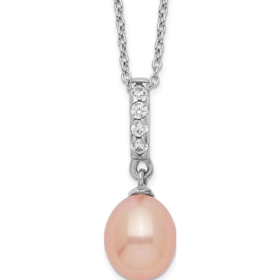 Jewelry by Sweet Pea Sterling Silver Rhodium-plated 8-9mm Pink Teardrop Freshwater Cultured Pearl and CZ 17 inch Necklace