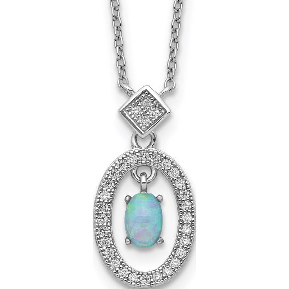 Jewelry by Sweet Pea Sterling Silver Rhodium-plated Clear CZ Oval with Lab Created Opal Oval Dangle 16 inch Necklace with 2 inch extension