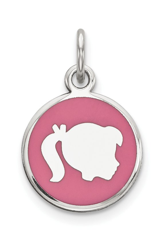 Sterling Silver Rhod-Plate Pink Enamel Right Facing Girl Head Disc Charm (20 X 12) Made In United States qm527