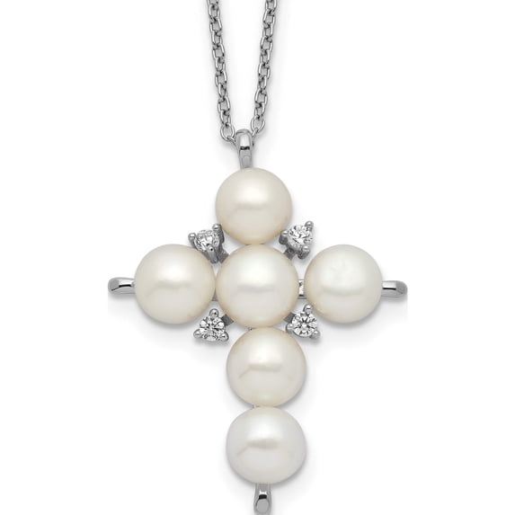 Sterling Silver Rhod-Plated 6-7mm White Button Fwc Pearl Cz Cross Necklace (17 X 24) Made In China qh5521-17