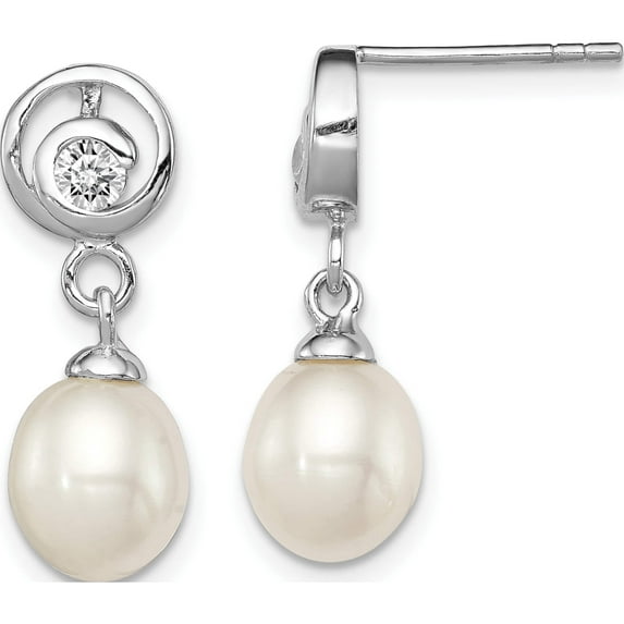 Sterling Silver Rhod-Plated 7-8mm White Fwc Pearl Cz Post Dangle Earrings (21 X 8) Made In China qe12783