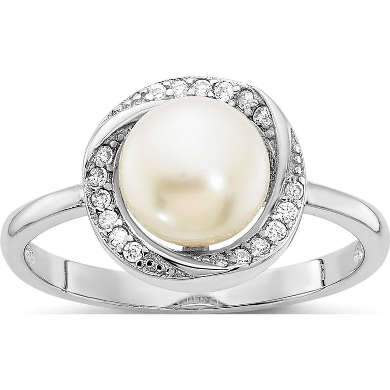 Sterling Silver CZ 7-8mm Button White FWC Pearl Ring Sterling Silver CZ 7-8mm Button White FWC Pearl Ring