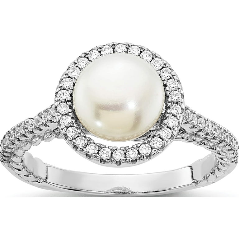 Sterling Silver CZ 7-8mm Button White FWC Pearl Ring Sterling Silver CZ 7-8mm Button White FWC Pearl Ring