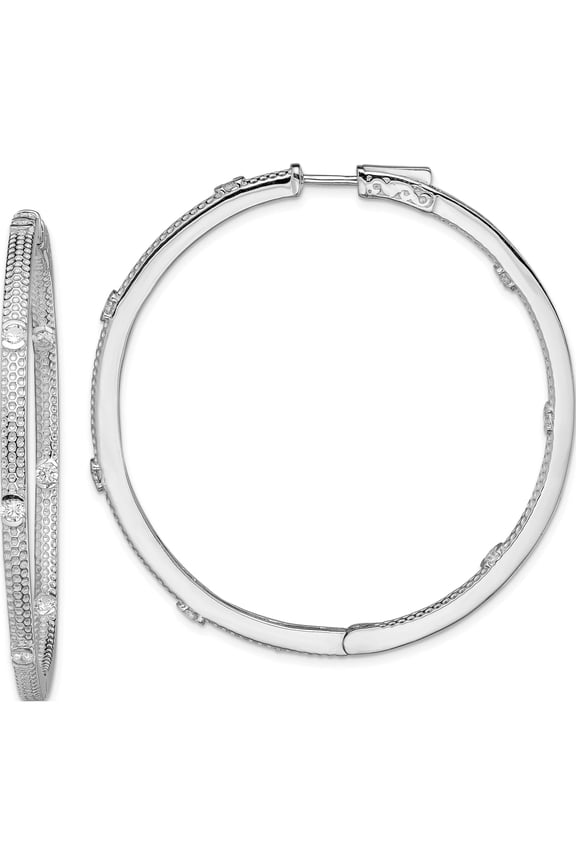 Sterling Silver Rhod-plated CZ In/Out Round Hinged Hoop Earrings