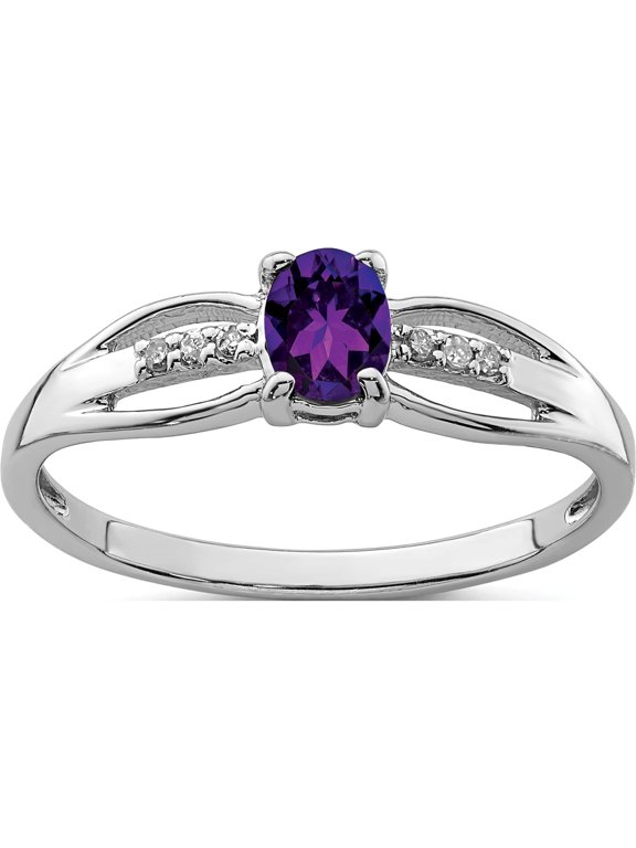 Sterling Silver Rhod-plated Diamond Amethyst Ring