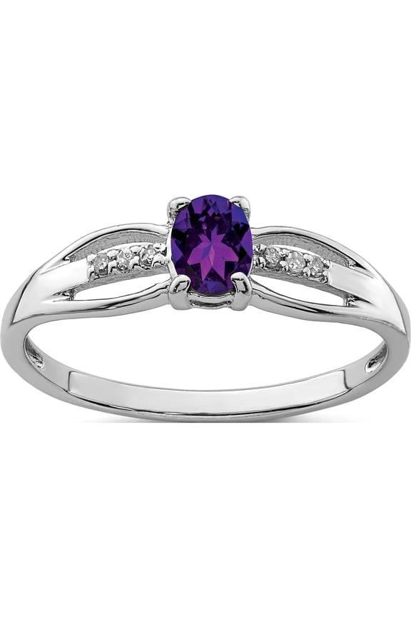 Sterling Silver Rhod-plated Diamond Amethyst Ring