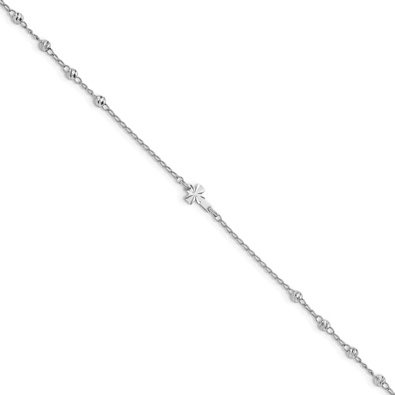 Sterling Silver Rhod-Plated Diamond-Cut Beads 9In Plus 1In Ext. Cross Ankle (9 X 1) Made In Italy qg4212-9