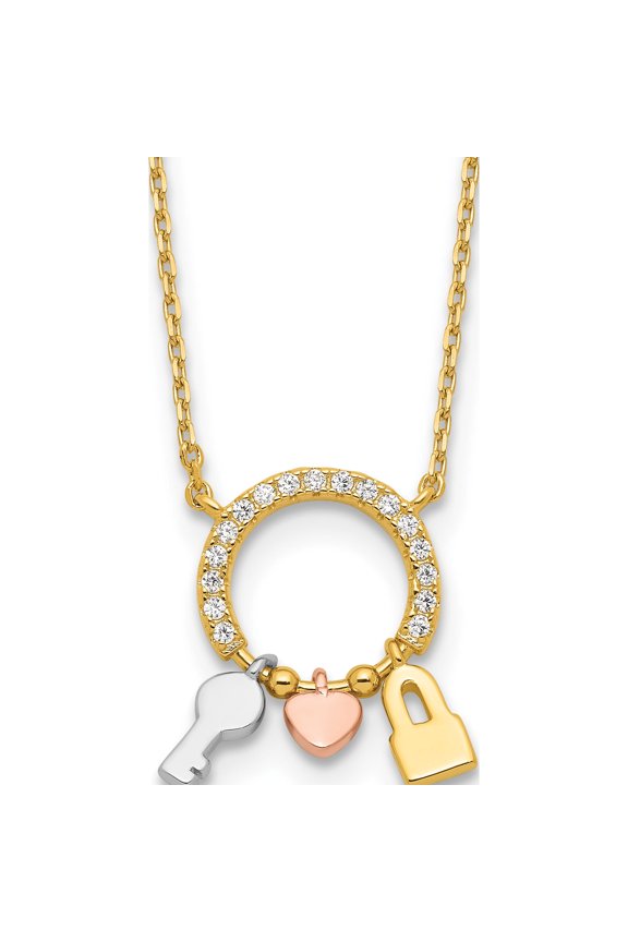 Sterling Silver Rhod-Plated Gold/Rose-Tone Cz Key/Lock/Heart W/2In Ext Neck (Width 11) (Length 20) - Jbsp