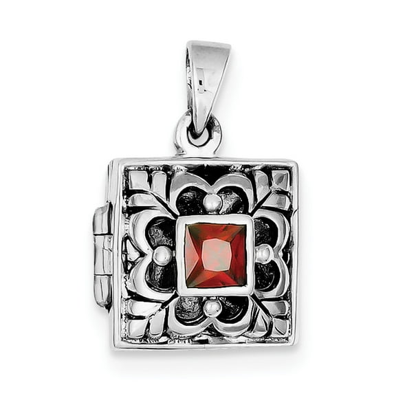 Sterling Silver Rhod-Plated Polished/Antiqued Garnet Square 16mm Locket (23.2 X 16.9) Made In Thailand qp227