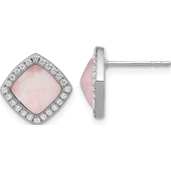 Sterling Silver Rhod-Plated Polished Cz & Rose Quartz Square Post Earrings (Width 12) (Length 12) - Jbsp