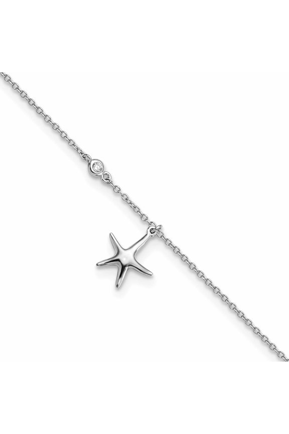 Sterling Silver Rhod-Plated Polished Cz Starfish 9In Plus 1 In Ext Anklet Made China -Jewelry By Sweet Pea