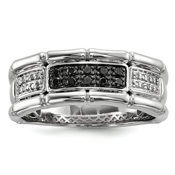 Sterling Silver Rhod Plated White & Black Diamond Men's Ring - Size 10