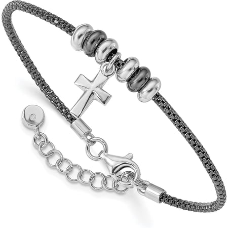 Sterling Silver Rhod and Ruth-plated Cross w/ 1in ext Bracelet - 7"- Made In Italy