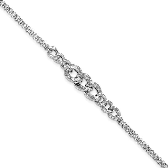 Sterling Silver Rhod-pl Textured Link 2 strand w/ 1in ext Bracelet - 8"- Made In Italy