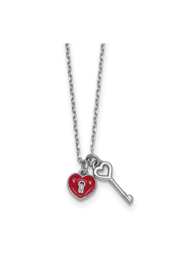 Sterling Silver Rhodium-plated Red Enameled Heart Lock and Key 16 inch with 1 inch extension Necklace