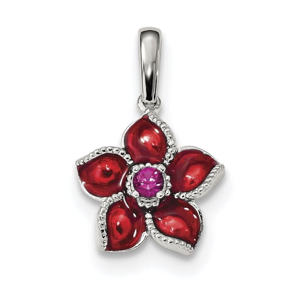 Sterling Silver Rhod-plated Created Ruby and Enamel Flower Pendant QC9315
