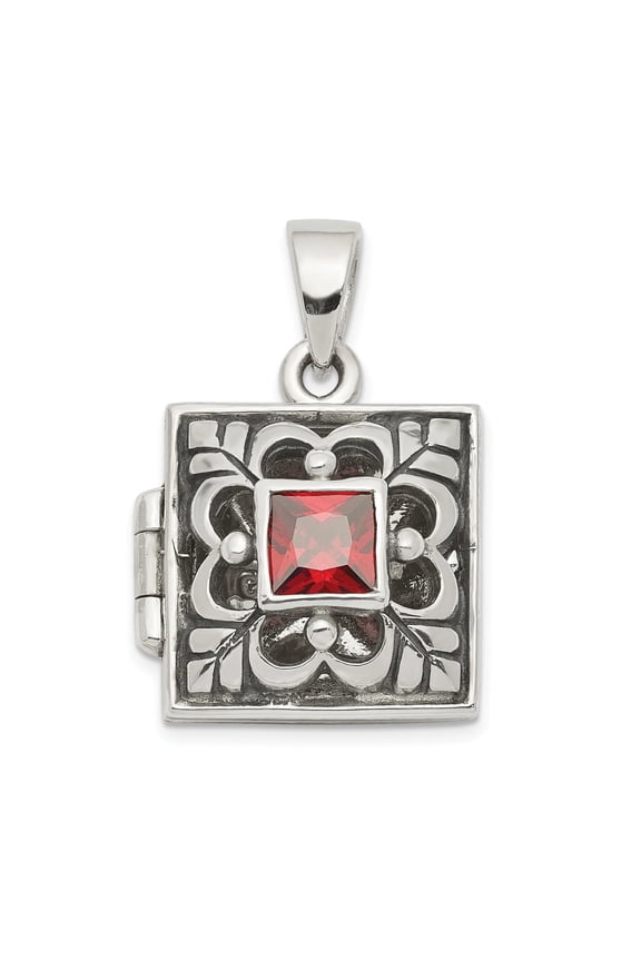 Sterling Silver Rhod-plated Polished/Antiqued Garnet Square 16mm Locket