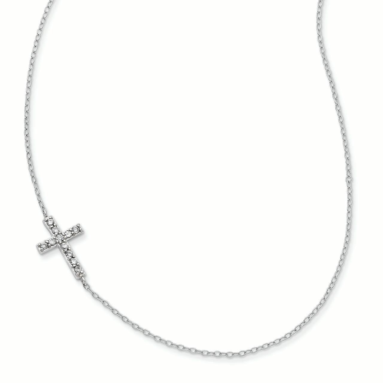 Offset Cross Chain Sideways Crosses Sterling Silver Rhod-pltd CZ Offset Sideways Cross w ...