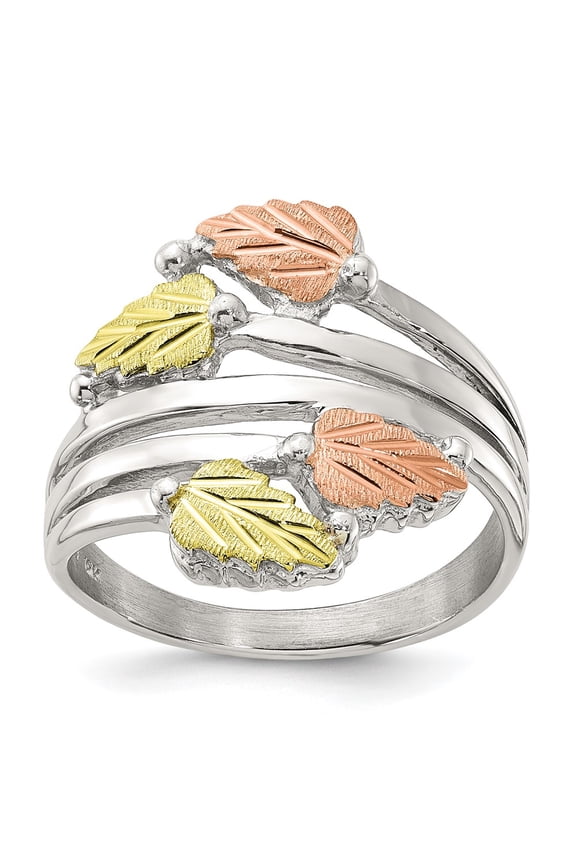 Sterling Silver Rhod-pltd w/12K Accents Black Hills Leaves Bypass Ring