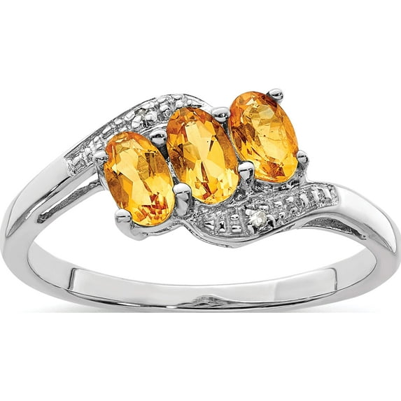 Sterling Silver Rhodium 3 Stone Citrine & Diamond Ring (Size 6) Made In India qdx731-6
