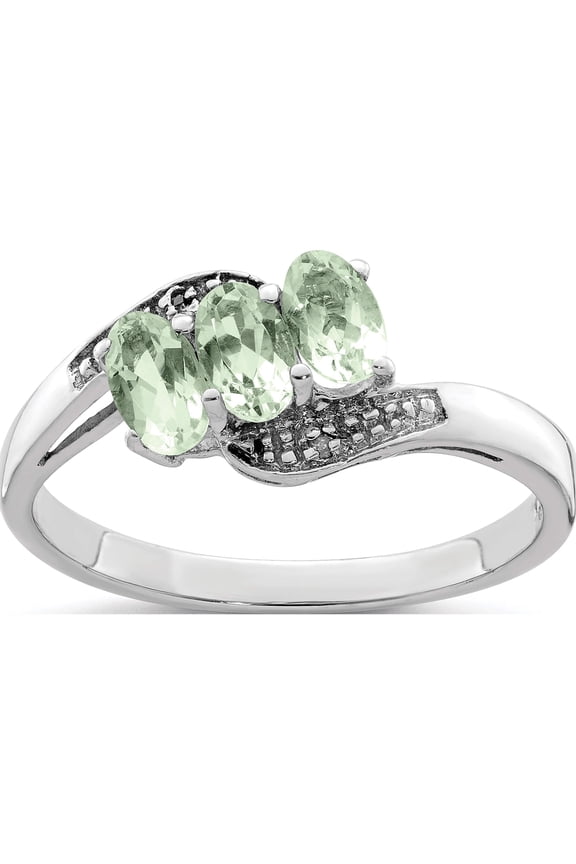 Sterling Silver Rhodium 3 Stone Green Quartz & Diamond Ring