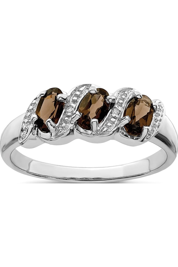 Sterling Silver Rhodium 3 Stone Smoky Quartz & Diamond Ring