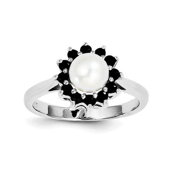 Sterling Silver Rhodium 6mm Freshwater Cultured Cult Button Pearl and Sapphire Ring - Size 8