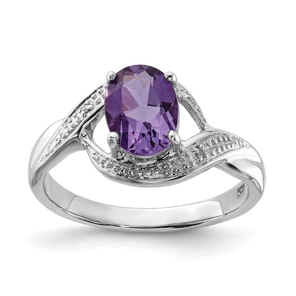 925 Sterling Silver Polished Rhodium Amethyst Diamond Ring Size 6 2mm Wide - Jewelry Gift for Mom