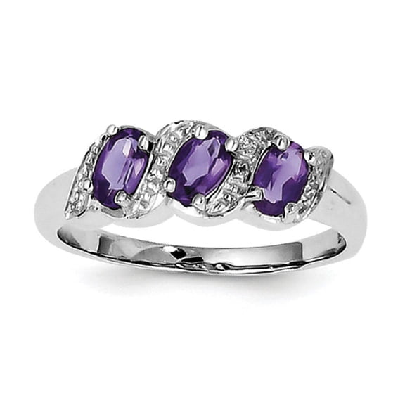 925 Sterling Silver Polished Rhodium Amethyst and Diamond Ring Size 6 2mm Wide - Jewelry Gift for Mom