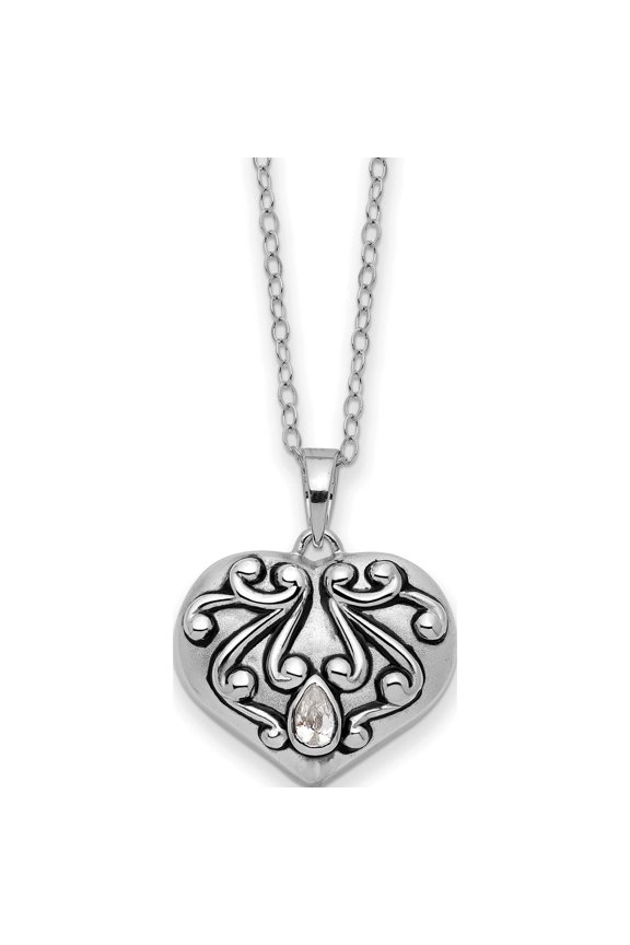 Sentimental Expressions Sterling Silver Rhodium-plated Antiqued CZ Heart Remembrance Ash Holder 18 Inch Necklace