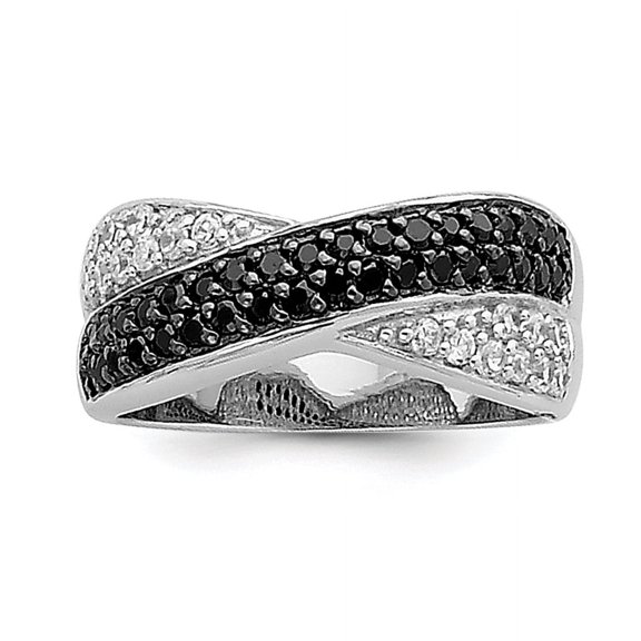 Sterling Silver Rhodium Black & White CZ Crossed Ring QR2755