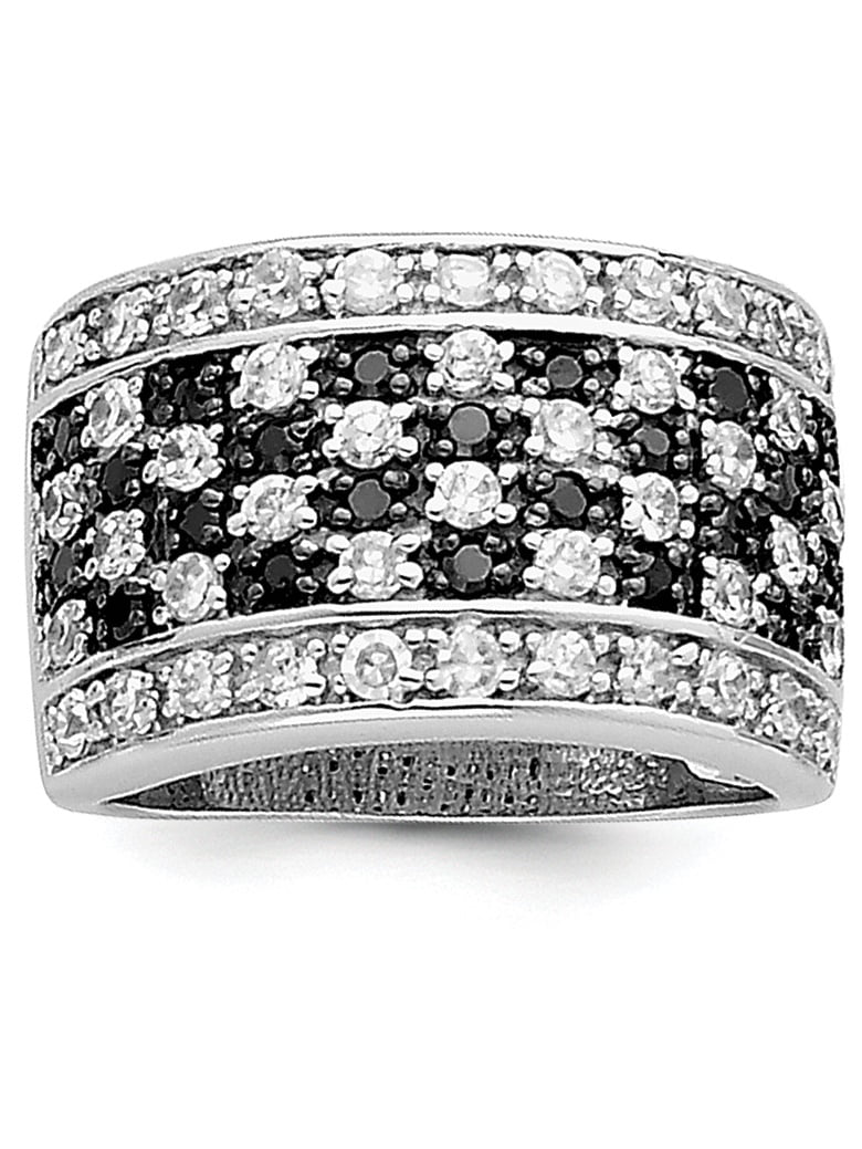 Sterling Silver Rhodium Black And Clear Cz Buckle Ring (Size