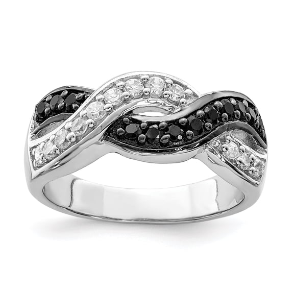 Sterling Silver Rhodium Black and Clear CZ Wavy Ring QR2747