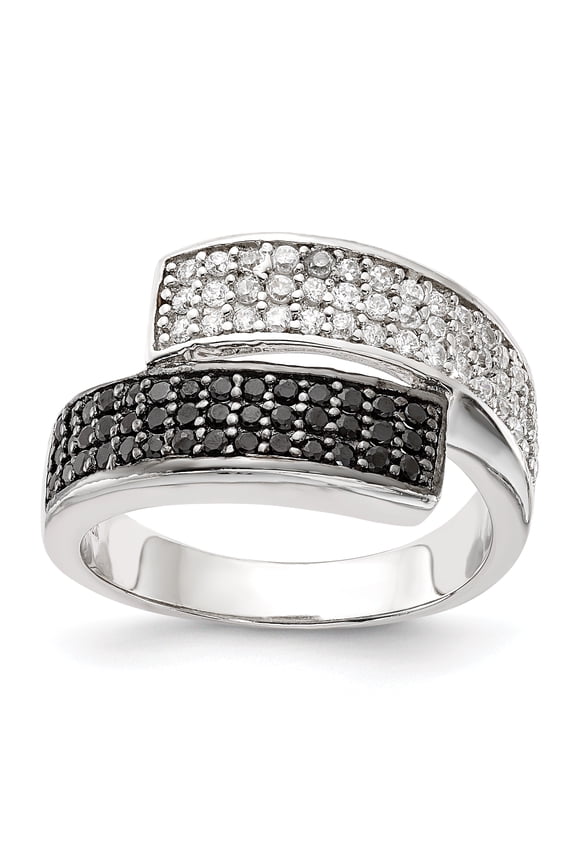 Sterling Silver Rhodium Black and Clear Cubic Zirconia Overlapping Ring