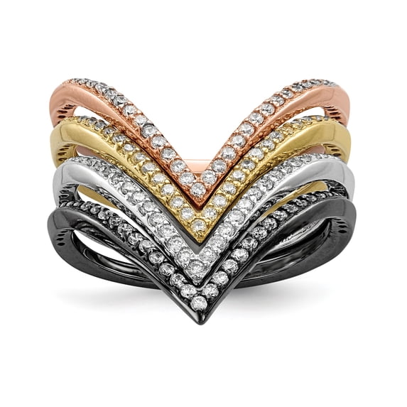 Sterling Silver Rhodium & Black-plate, Gold & Rose-tone CZ 4 Ring Set - Size 7