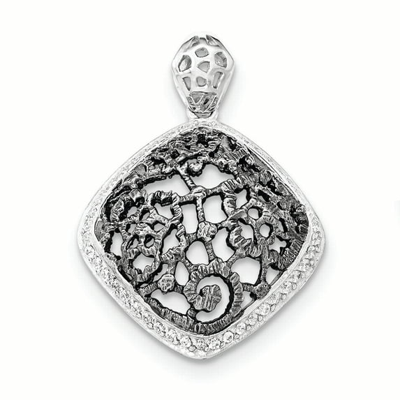 Finest Gold Sterling Silver with Black Rhodium Textured CZ Floral Square Pendant