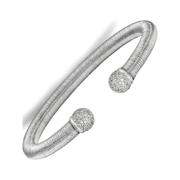 Sterling Silver & Rhodium CZ Textured Cuff Bangle