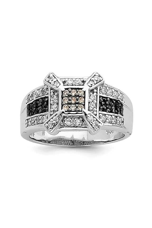 Sterling Silver Rhodium Champ/Black/White CZ Square Ring