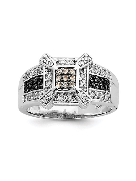 Sterling Silver Rhodium Champ/Black/White CZ Square Ring