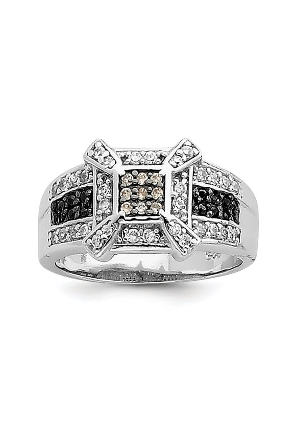 Sterling Silver Rhodium Champ/Black/White CZ Square Ring QR2763