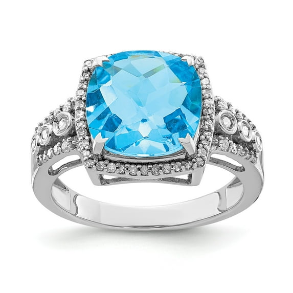 Sterling Silver Rhodium Checker-Cut Blue Topaz & Diam. Ring - Size 7