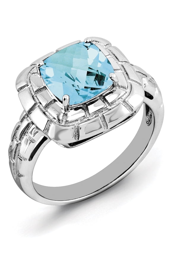 Sterling Silver Rhodium Checker-Cut Blue Topaz Ring