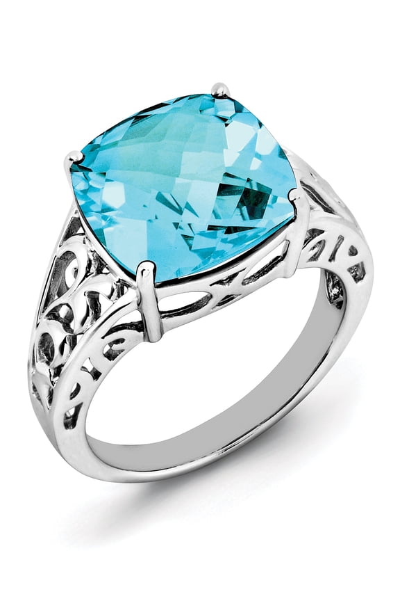 Sterling Silver Rhodium Checker-Cut Blue Topaz Ring