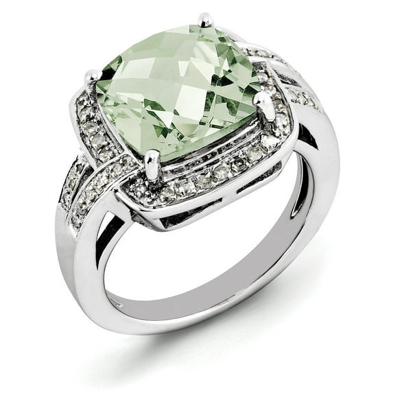 Sterling Silver Rhodium Checker-Cut Green Quartz & Diam. Ring (Size 7) Made In China -Jewelry By Sweet Pea
