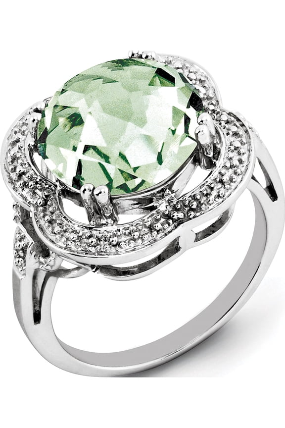 Sterling Silver Rhodium Checker-Cut Green Quartz Ring