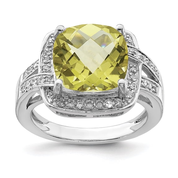 Sterling Silver Rhodium Checker-Cut Lemon Quartz & Diam. Ring - Size 7