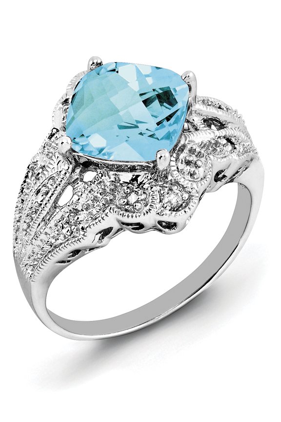 Sterling Silver Rhodium Checker-Cut Light Swiss Blue Topaz & Diam. Ring